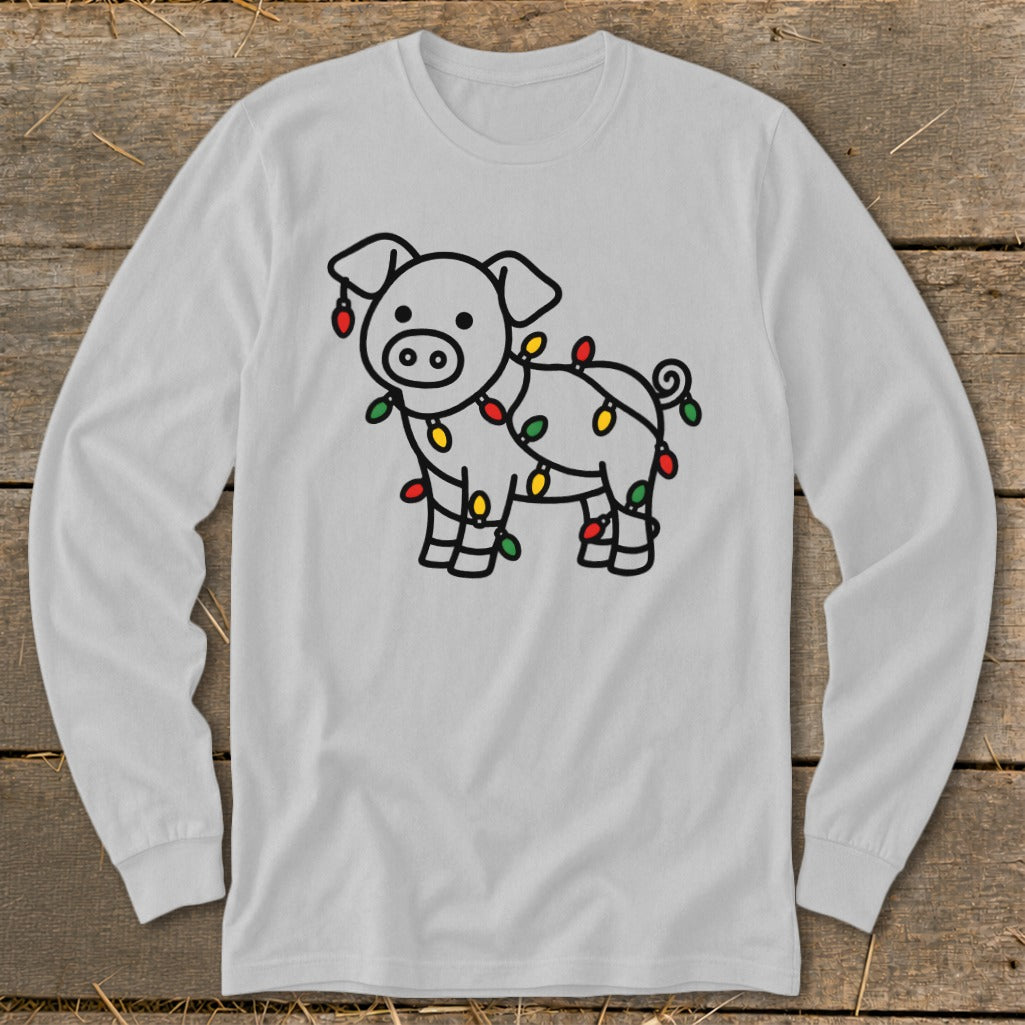 A light grey long-sleeve shirt featuring a black outline graphic of a pig tangled in Christmas lights.