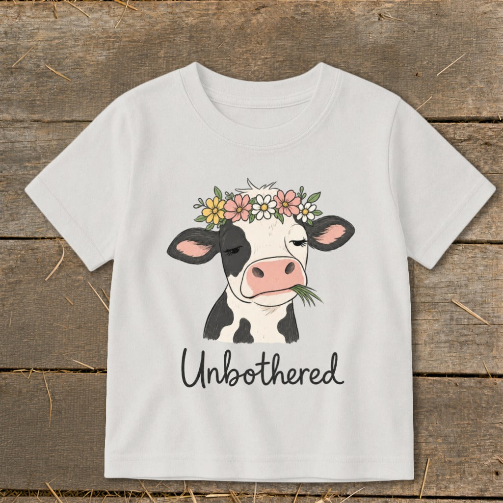 White t-shirt with cartoon cow wearing a flower crown and chewing grass, text says "Unbothered".