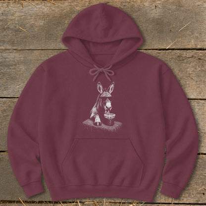 Maroon hoodie with a sketch of a donkey wearing sunglasses drinking from a cup.