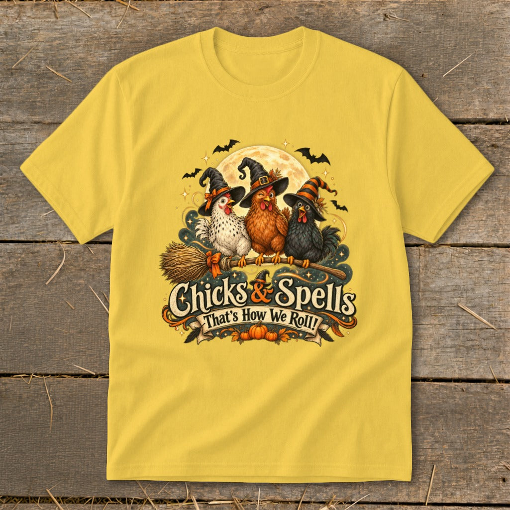Yellow t-shirt with three chickens in witch hats flying on a broomstick with "Chicks & Spells" text.