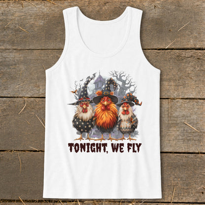 Three chickens wearing witch hats, with haunted house background and text "TONIGHT, WE FLY".