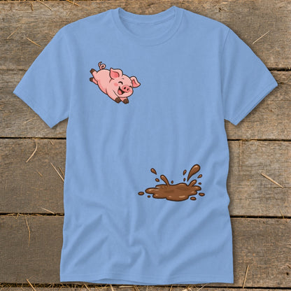 Blue t-shirt with a cartoon pig jumping over a mud puddle graphic.