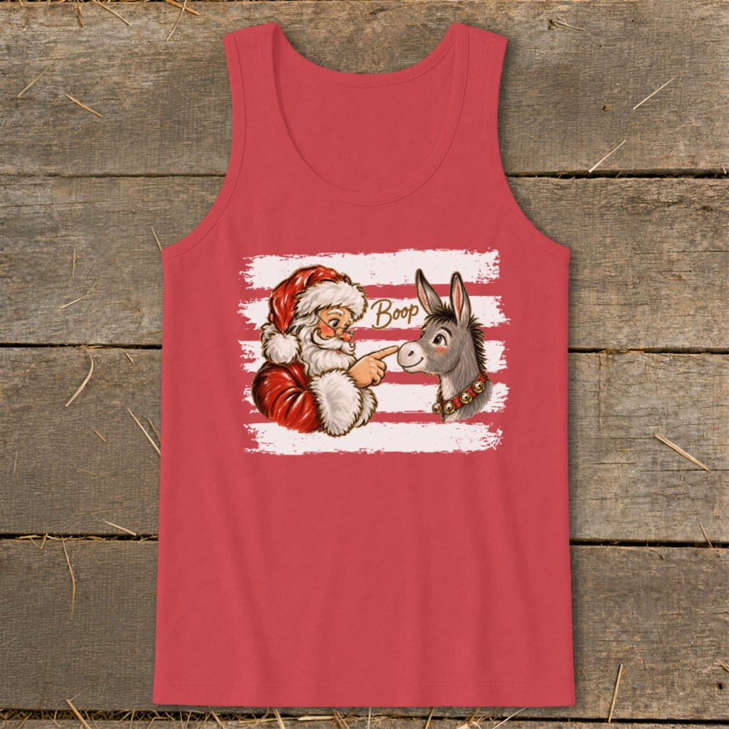 Santa points to a donkey's nose with the word "Boop" above it.