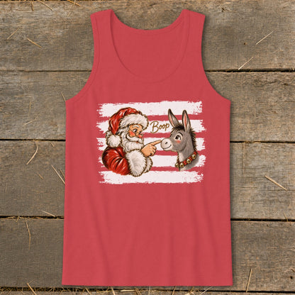Santa points to a donkey's nose with the word "Boop" above it.