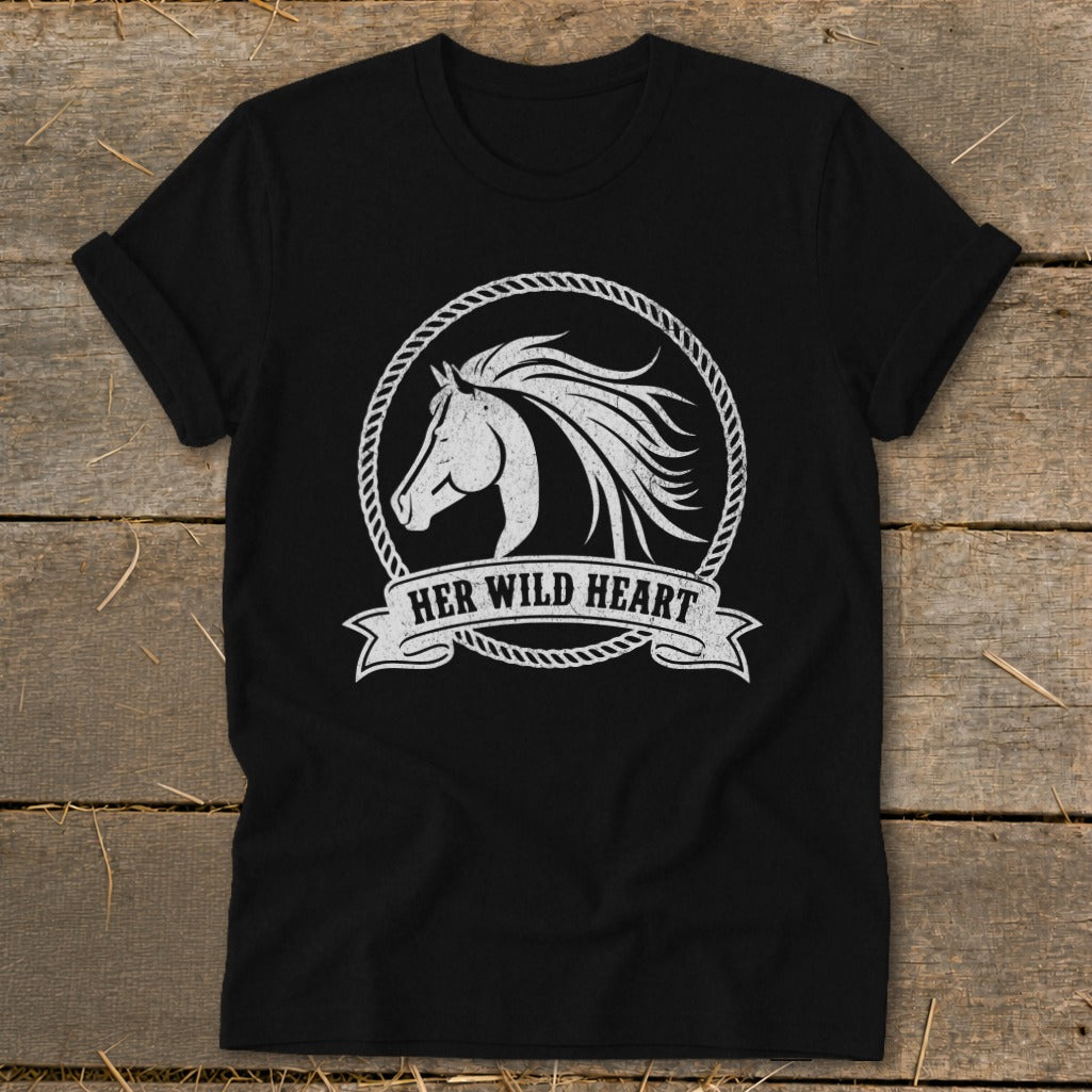 Black t-shirt with white horse head graphic and "HER WILD HEART" text.