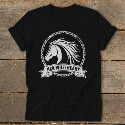 Black t-shirt with white horse head graphic and "HER WILD HEART" text.