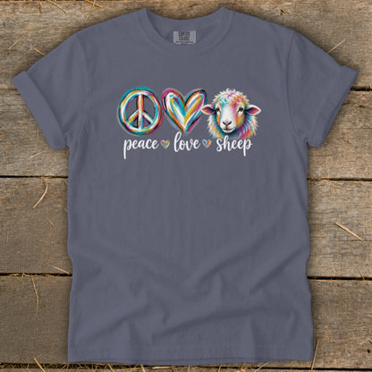 T-shirt with peace, heart, and sheep graphic and text "peace love sheep".