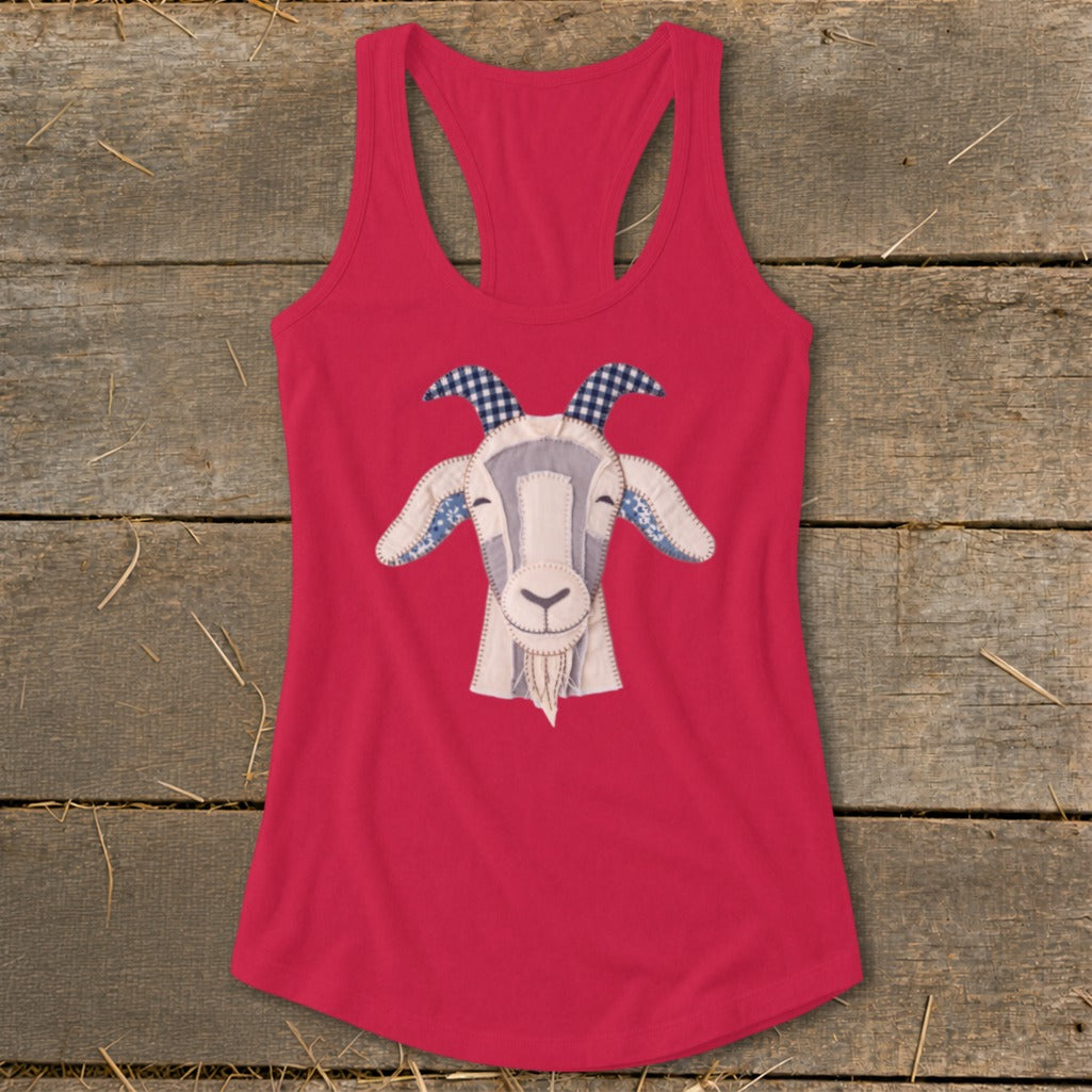 Red racerback tank top with a patchwork goat applique.