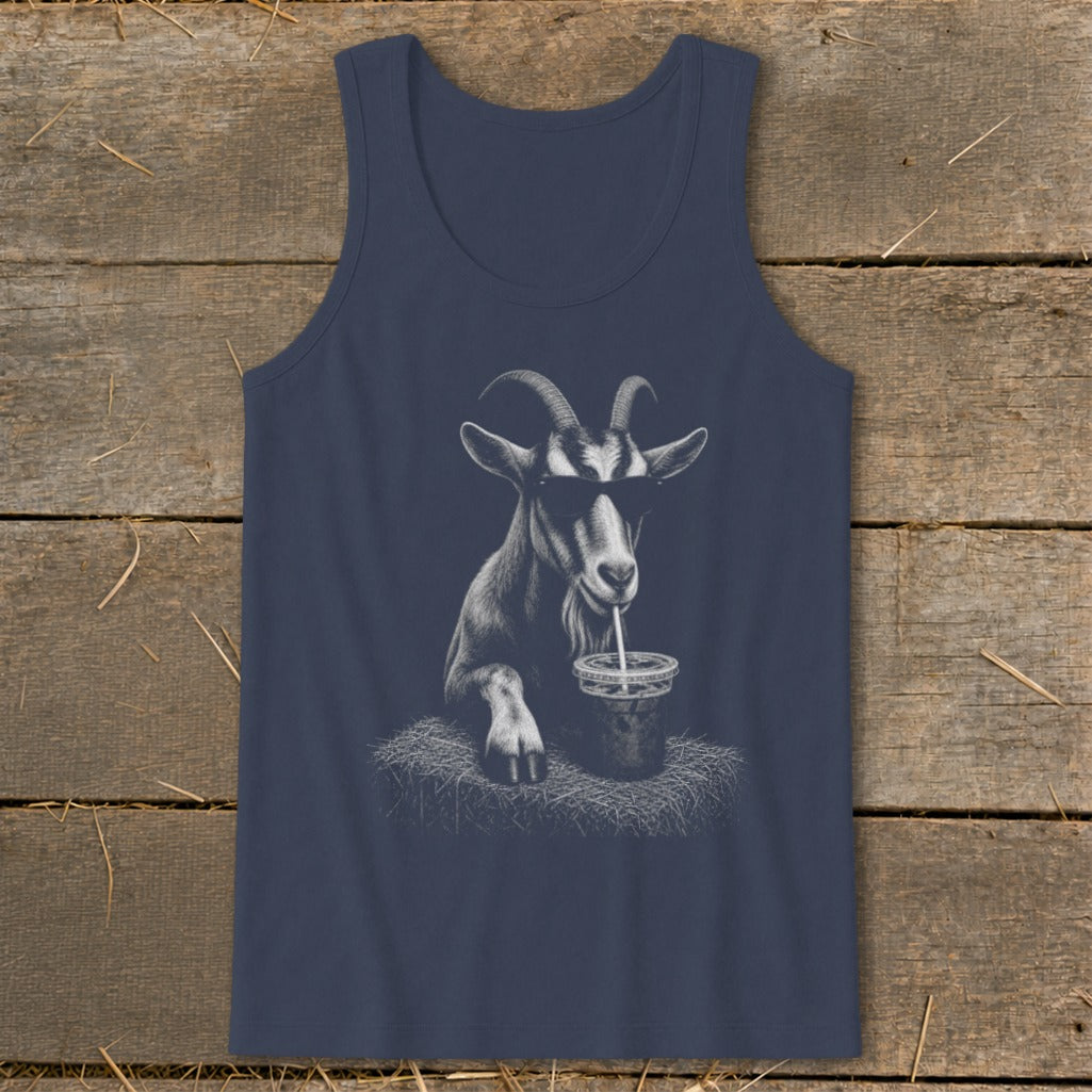 Navy tank top with a drawing of a goat wearing sunglasses drinking from a cup.