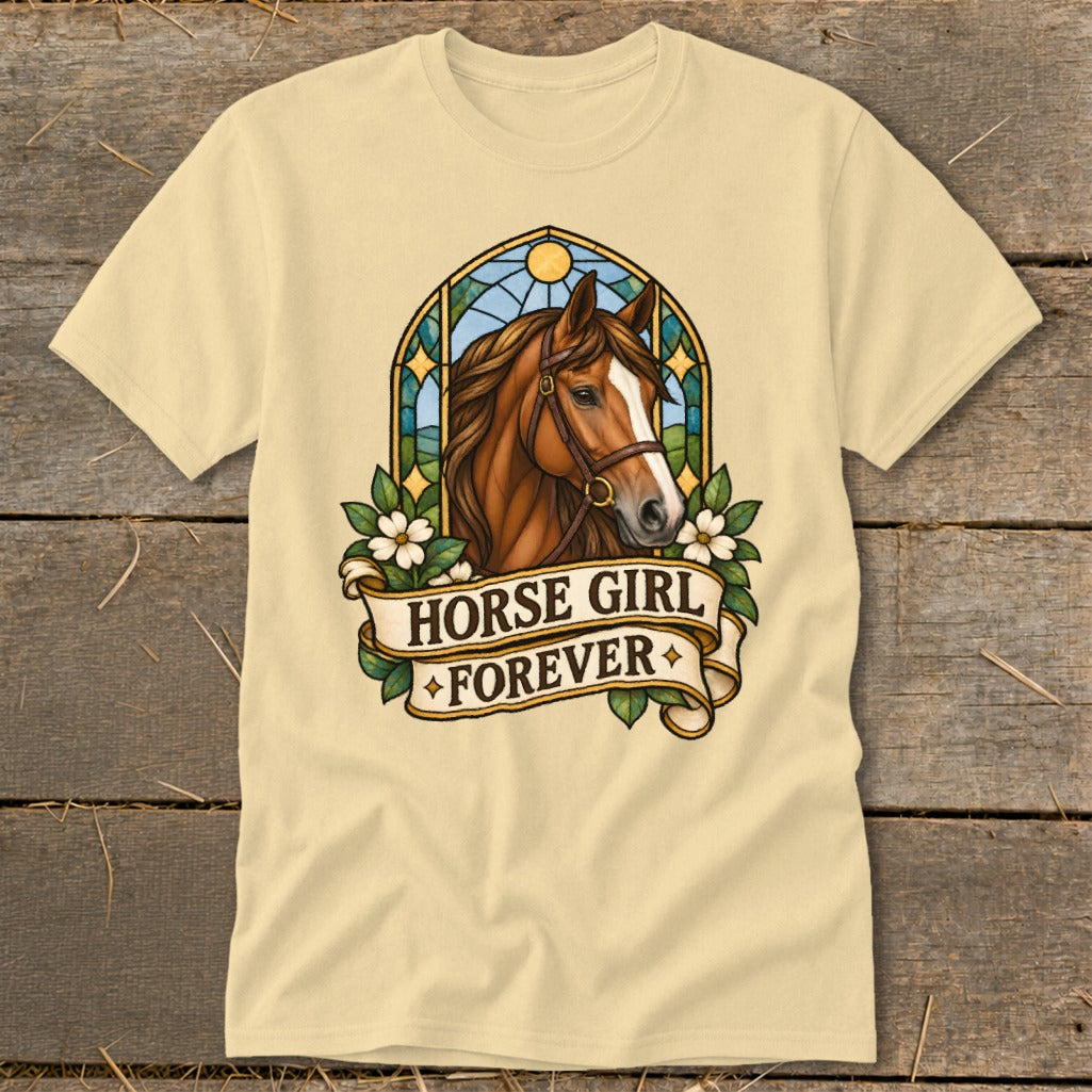 Light yellow t-shirt with a brown horse head graphic and "Horse Girl Forever" text.