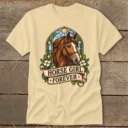 Light yellow t-shirt with a brown horse head graphic and "Horse Girl Forever" text.