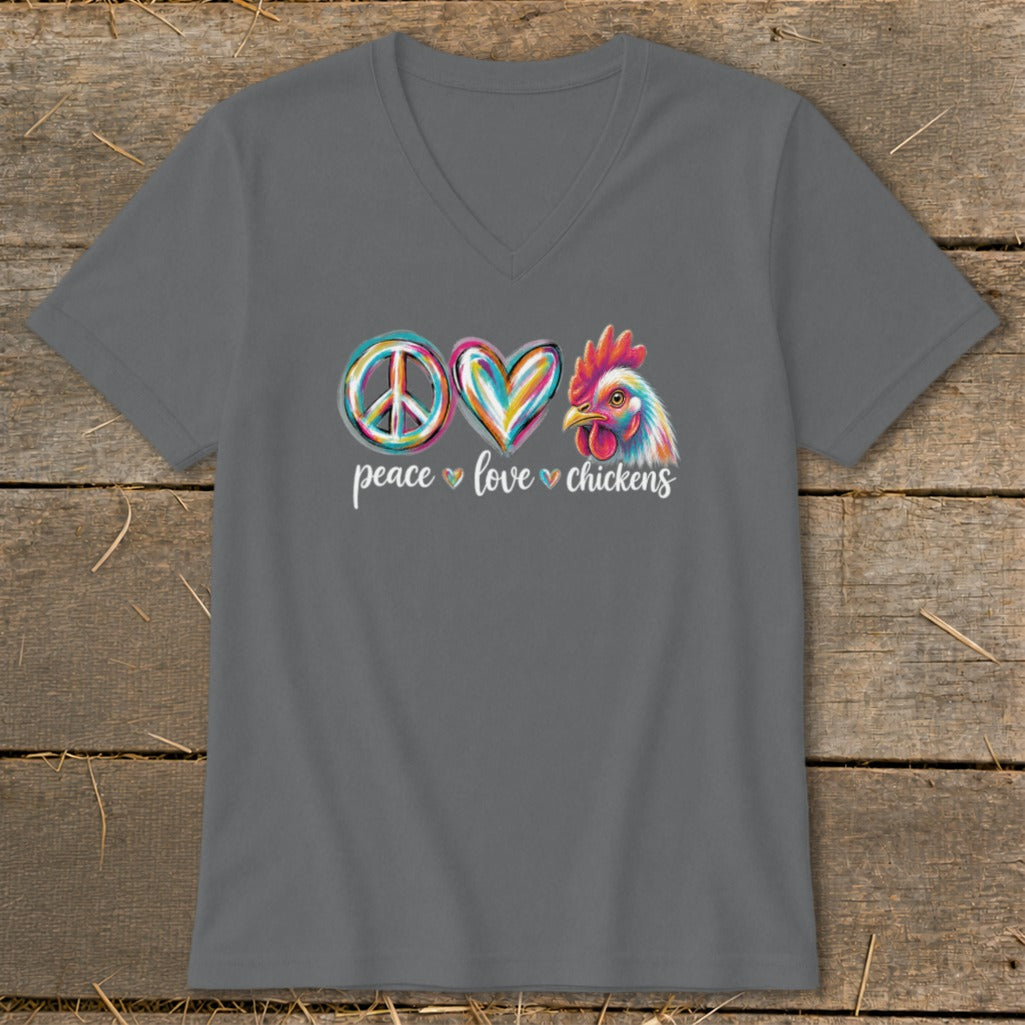 Peace love chickens graphic with colorful peace sign, heart, and rooster.