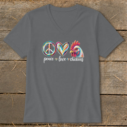Peace love chickens graphic with colorful peace sign, heart, and rooster.