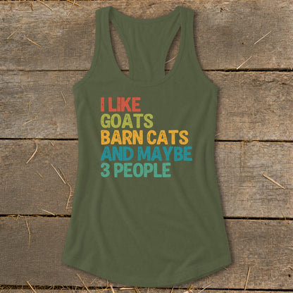 Green tank top with text "I LIKE GOATS BARN CATS AND MAYBE 3 PEOPLE".