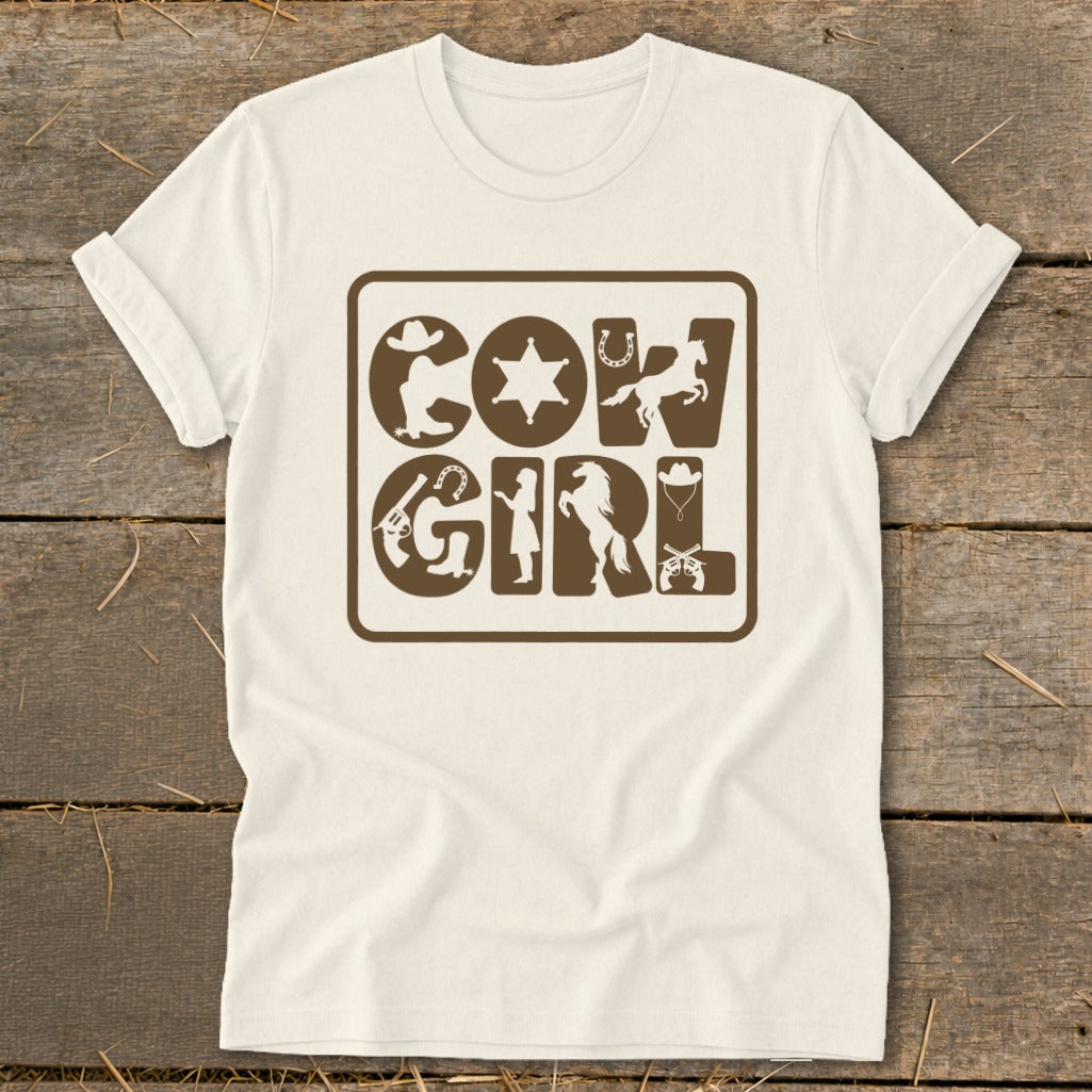 Cream t-shirt with brown "COWGIRL" text and western-themed graphics.