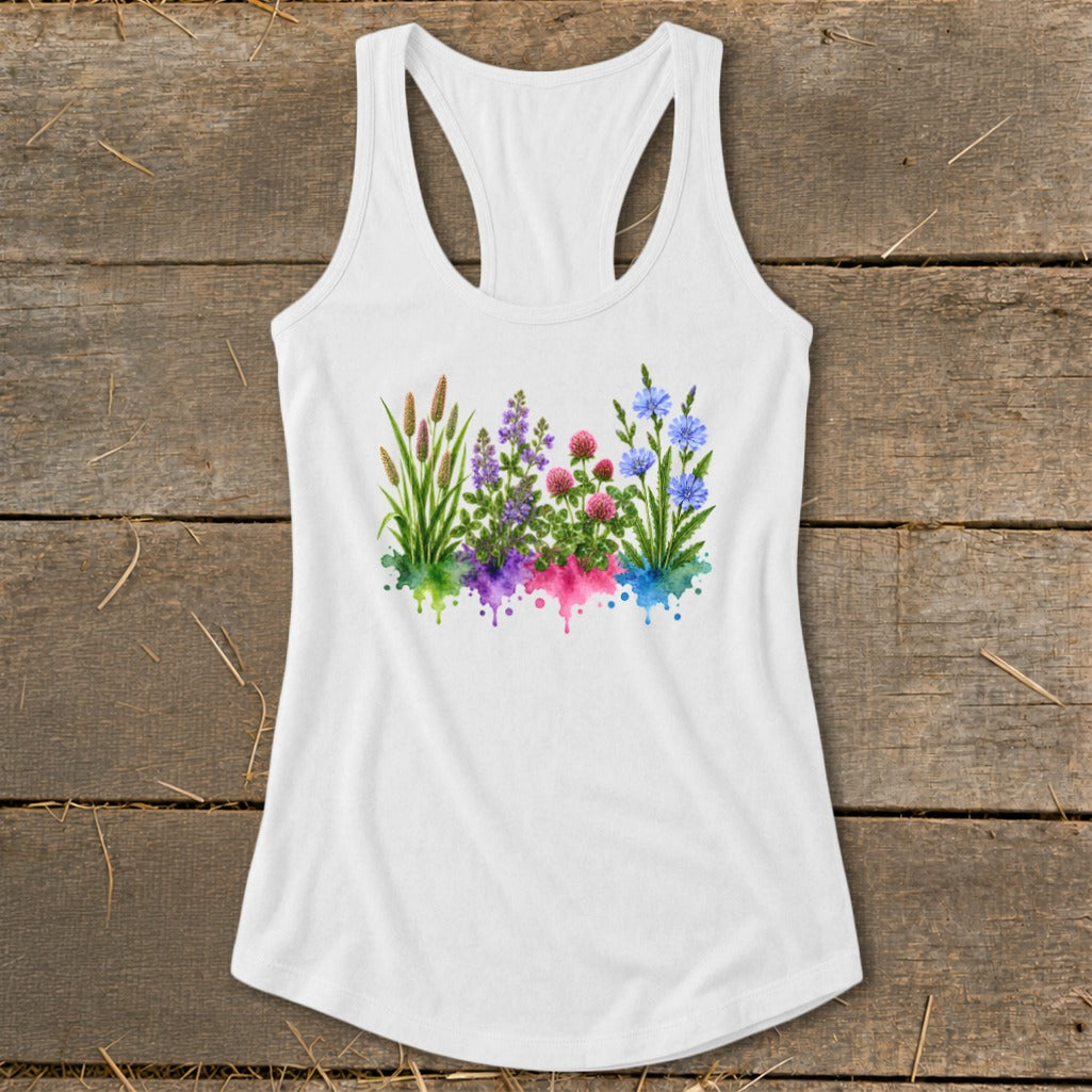 White racerback tank top with a watercolor graphic of colorful wildflowers resting on a wooden surface.