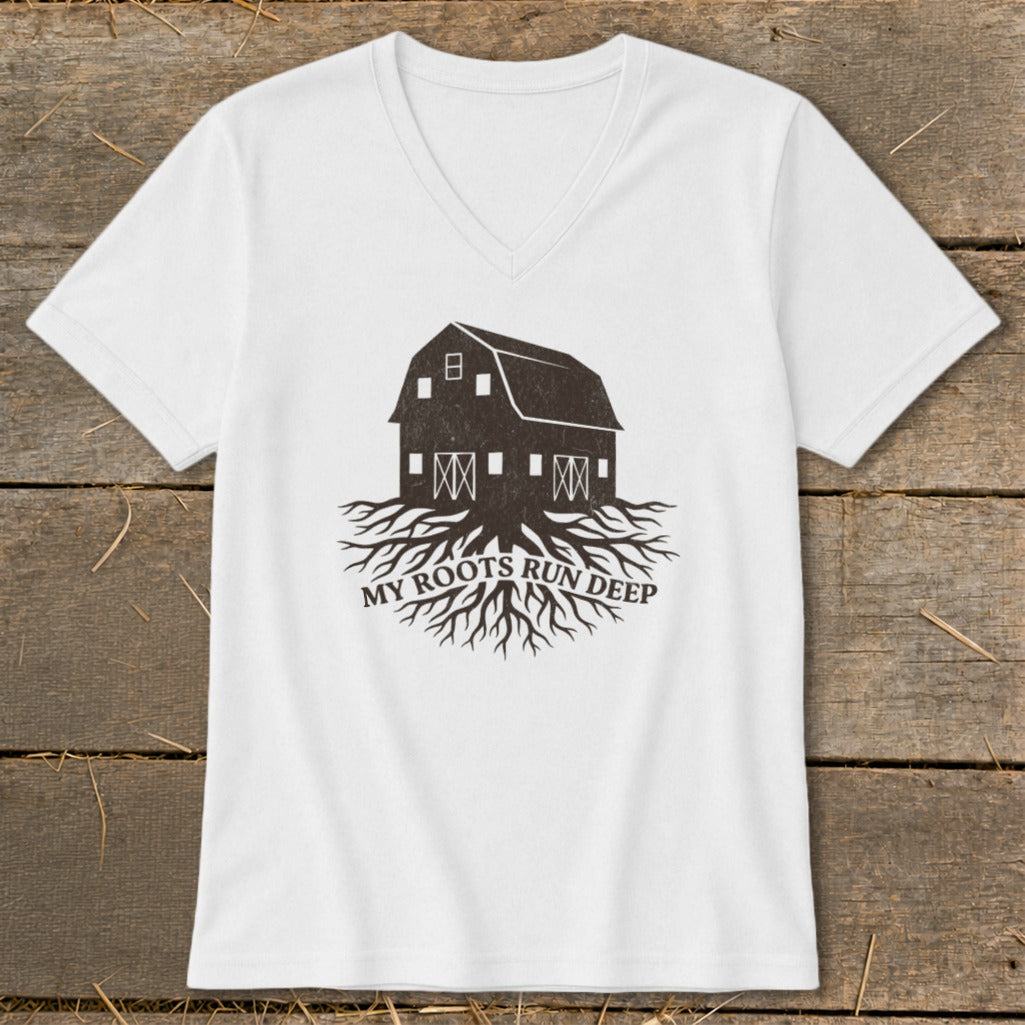 White v-neck t-shirt with barn and roots graphic and "My Roots Run Deep" text.