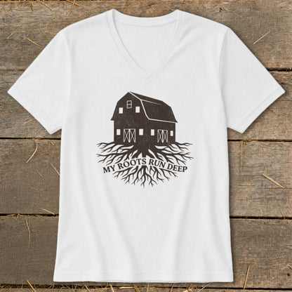 White v-neck t-shirt with barn and roots graphic and "My Roots Run Deep" text.