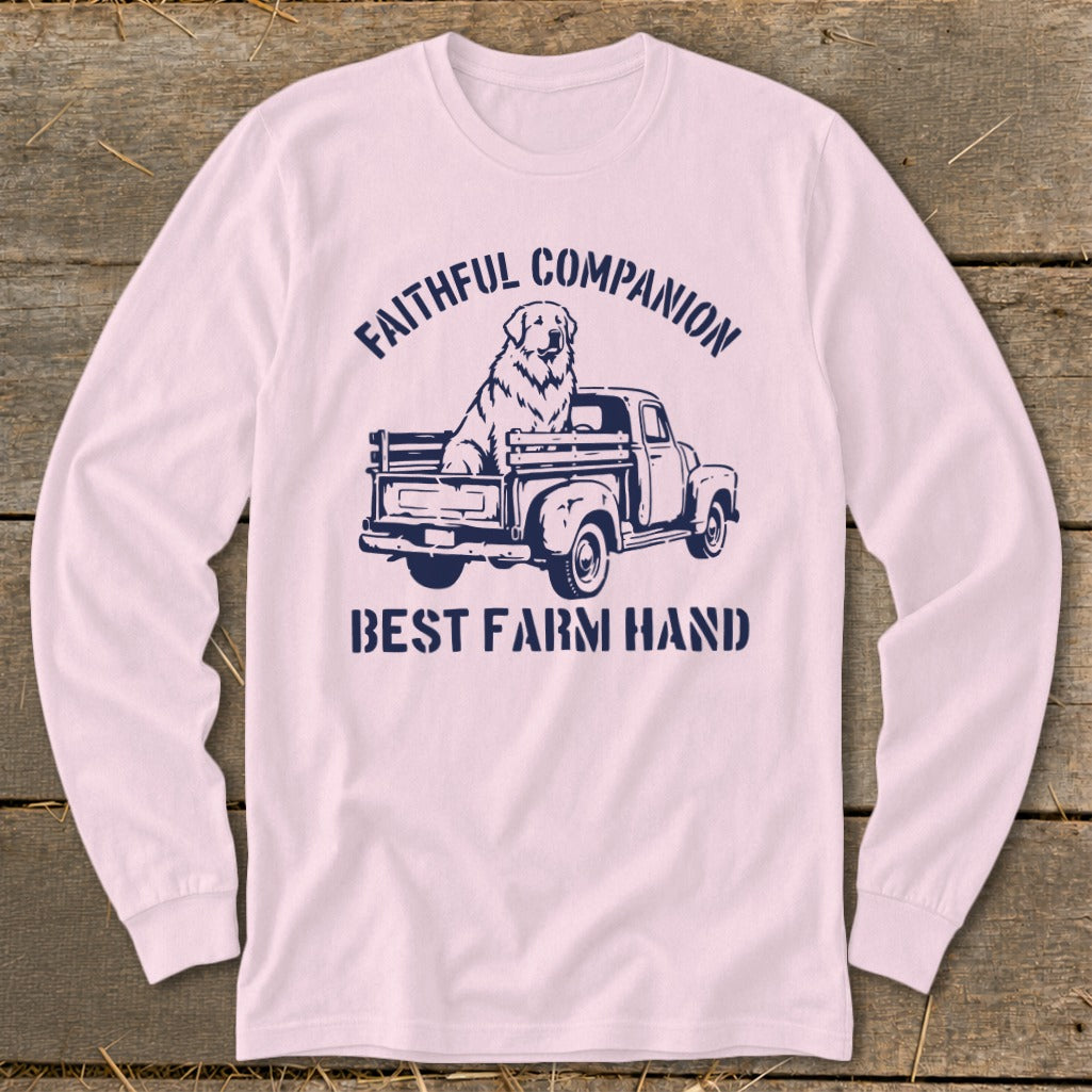 Long sleeve shirt with navy graphic of dog in truck, text: Faithful Companion, Best Farm Hand