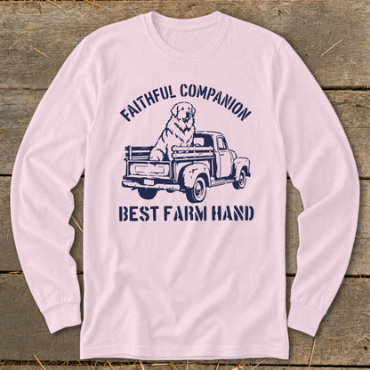 Long sleeve shirt with navy graphic of dog in truck, text: Faithful Companion, Best Farm Hand