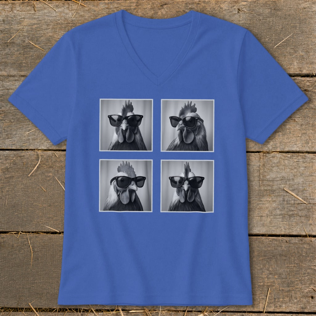 Blue v-neck t-shirt with a four-panel graphic of roosters wearing sunglasses.