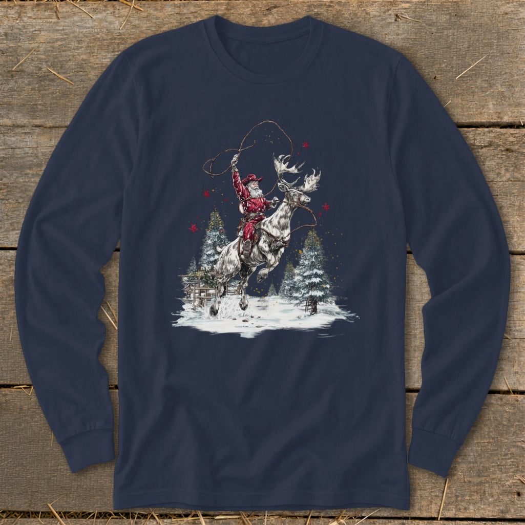 Santa lassoing while riding a bucking reindeer in a snowy forest scene.