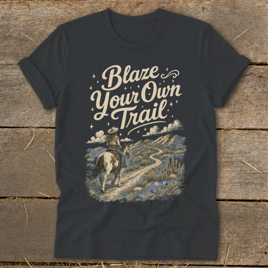 Dark gray t-shirt with "Blaze Your Own Trail" and a woman on horseback in a desert landscape.