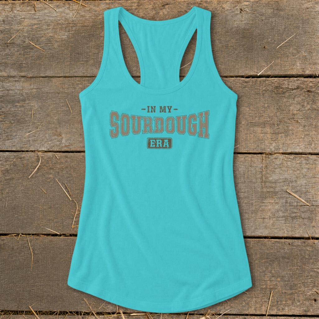 Turquoise tank top with "In My Sourdough Era" text.