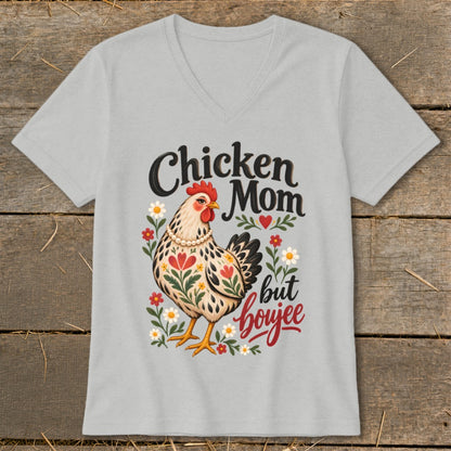 Light grey t-shirt with a chicken graphic and the text "Chicken Mom but boujee".