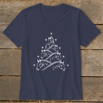 Navy v-neck t-shirt with white graphic of horses forming a Christmas tree.