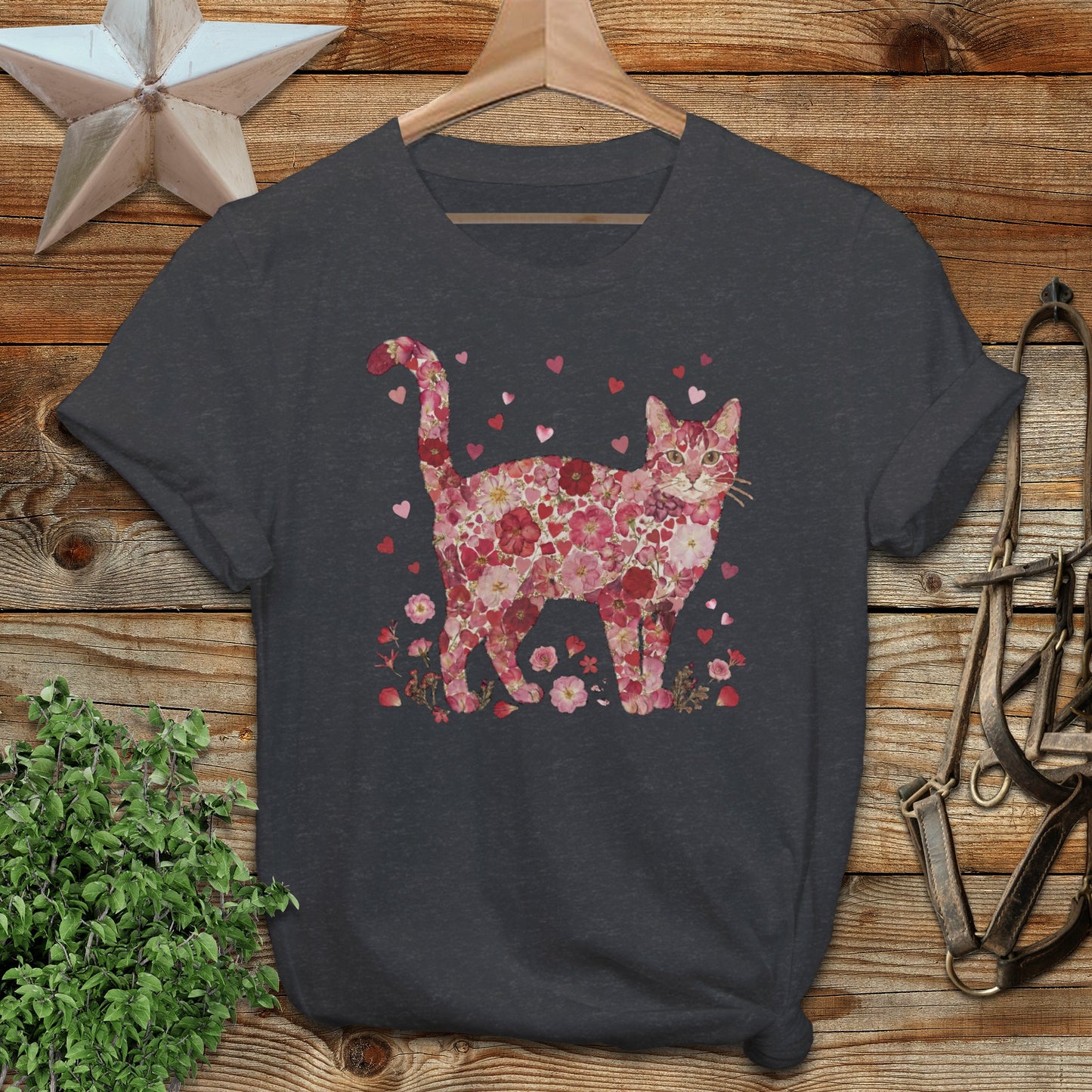 Floral Cat Design with Hearts Graphic T-Shirt