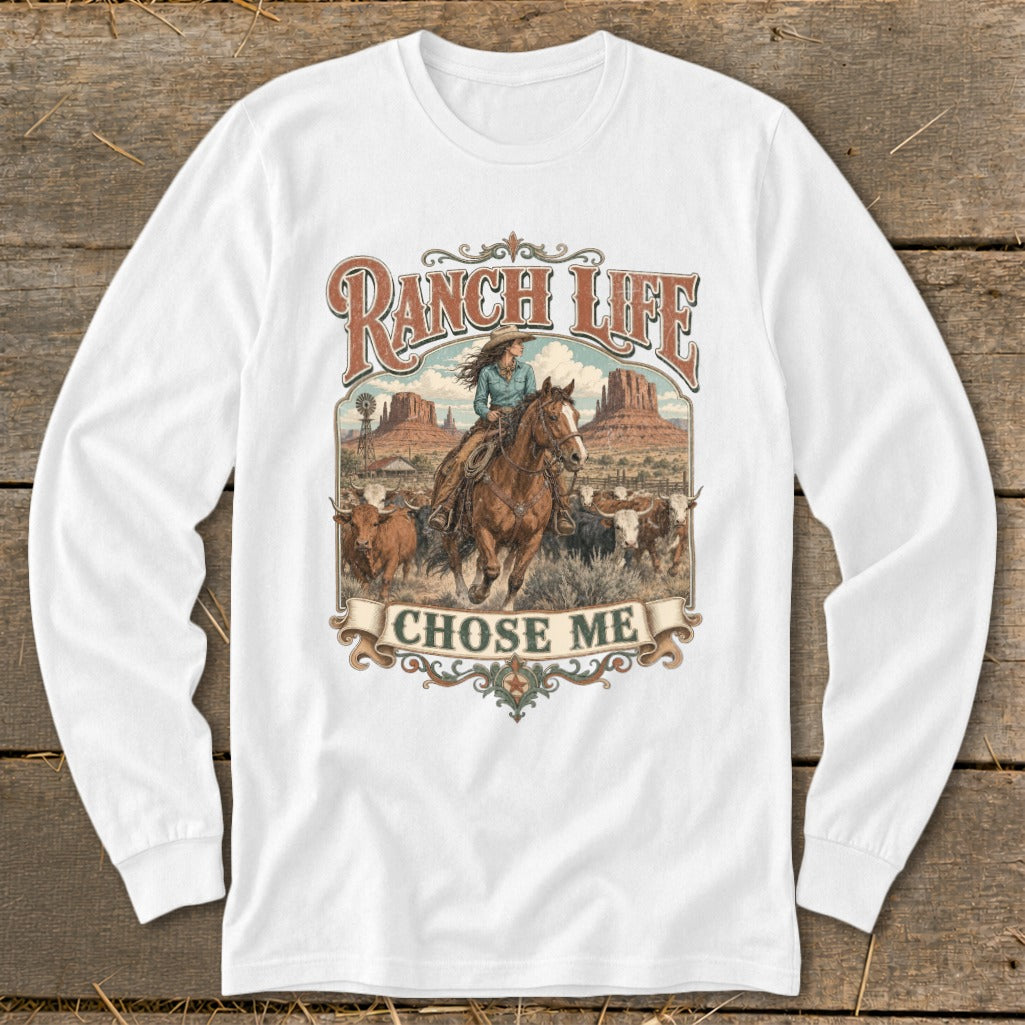 Ranch life with woman on horse, cattle, windmill, and mountains.