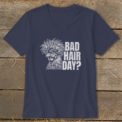 Navy v-neck t-shirt with a crested chicken graphic and text "BAD HAIR DAY?".
