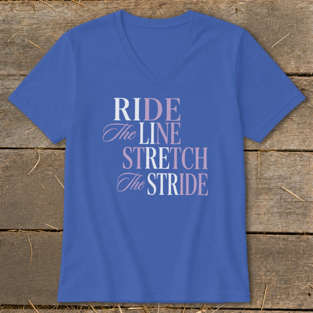 Blue v-neck t-shirt with "RIDE The LINE STRETCH The STRIDE" text.