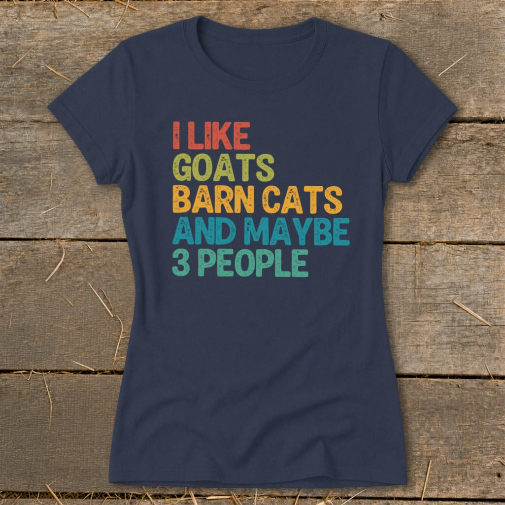 Navy t-shirt with colorful retro text "I Like Goats Barn Cats And Maybe 3 People."