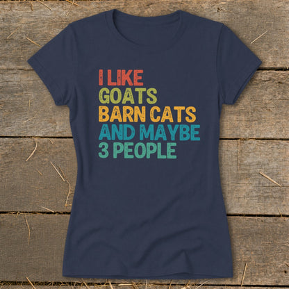 Navy t-shirt with colorful retro text "I Like Goats Barn Cats And Maybe 3 People."