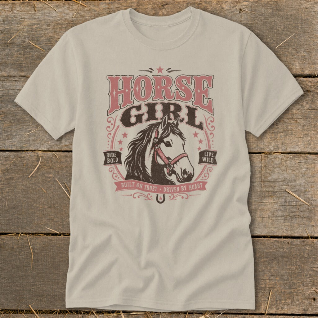 Light beige t-shirt with "HORSE GIRL" text and a horse graphic.
