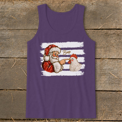 Santa booping a chicken with the word "Boop" on a purple tank top.