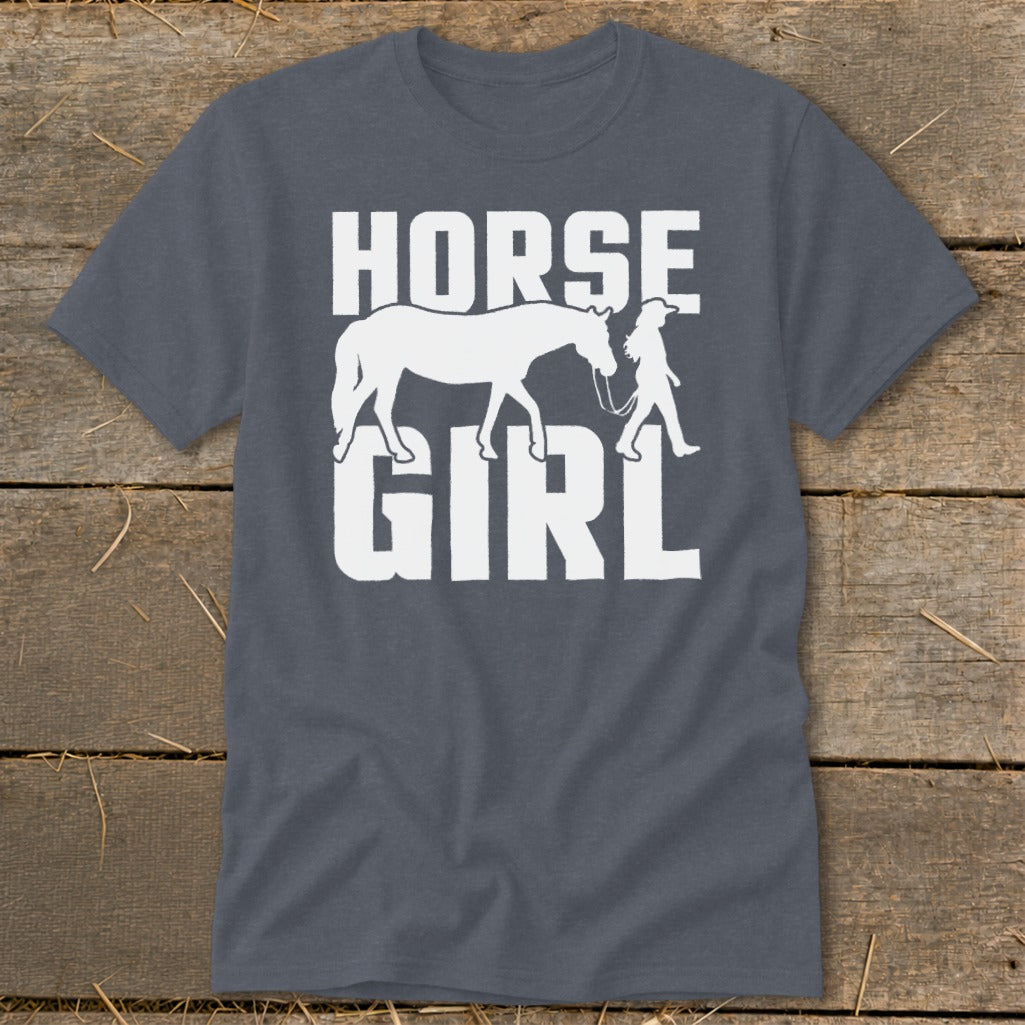 Dark grey t-shirt with white text and graphic of a horse and rider.