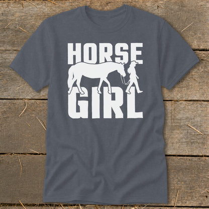 Dark grey t-shirt with white text and graphic of a horse and rider.