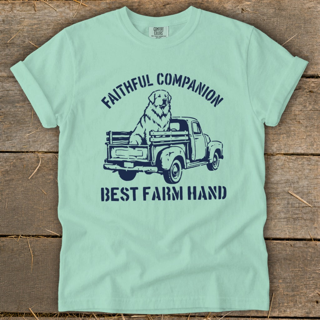 T-shirt with navy graphic of a dog in a truck and text "Faithful Companion Best Farm Hand."
