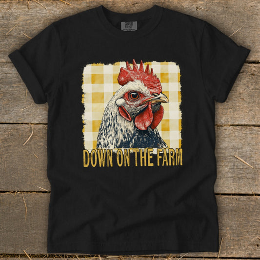 Black t-shirt with chicken graphic and "DOWN ON THE FARM" text.
