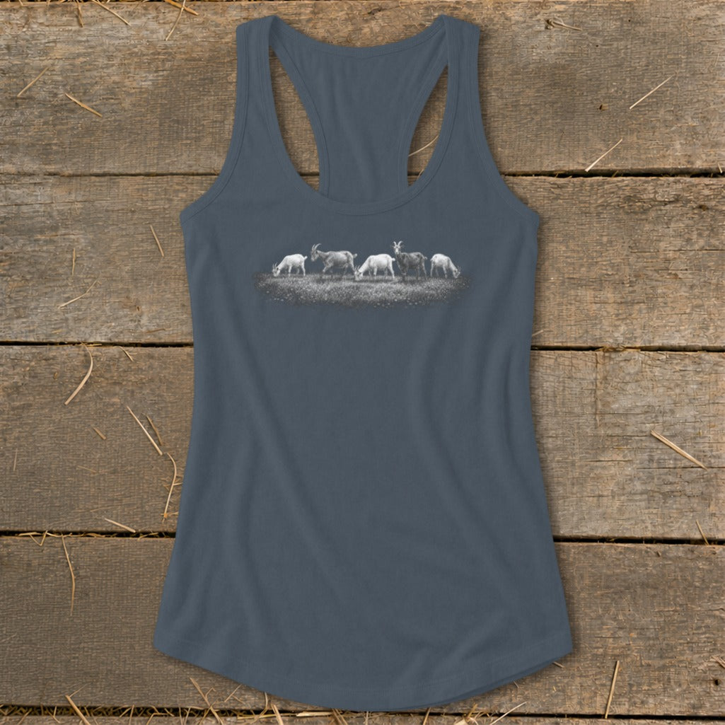 Tank top with a graphic of goats grazing in a field.