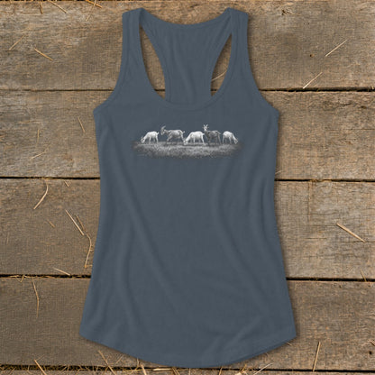 Tank top with a graphic of goats grazing in a field.