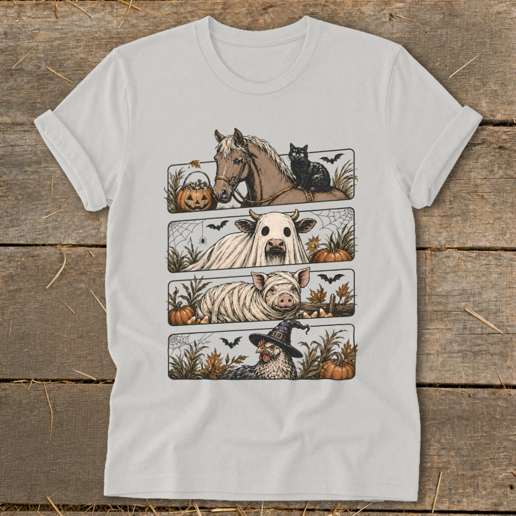 Four farm animals dressed for Halloween: horse with cat, cow ghost, pig mummy, chicken witch.