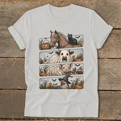 Four farm animals dressed for Halloween: horse with cat, cow ghost, pig mummy, chicken witch.