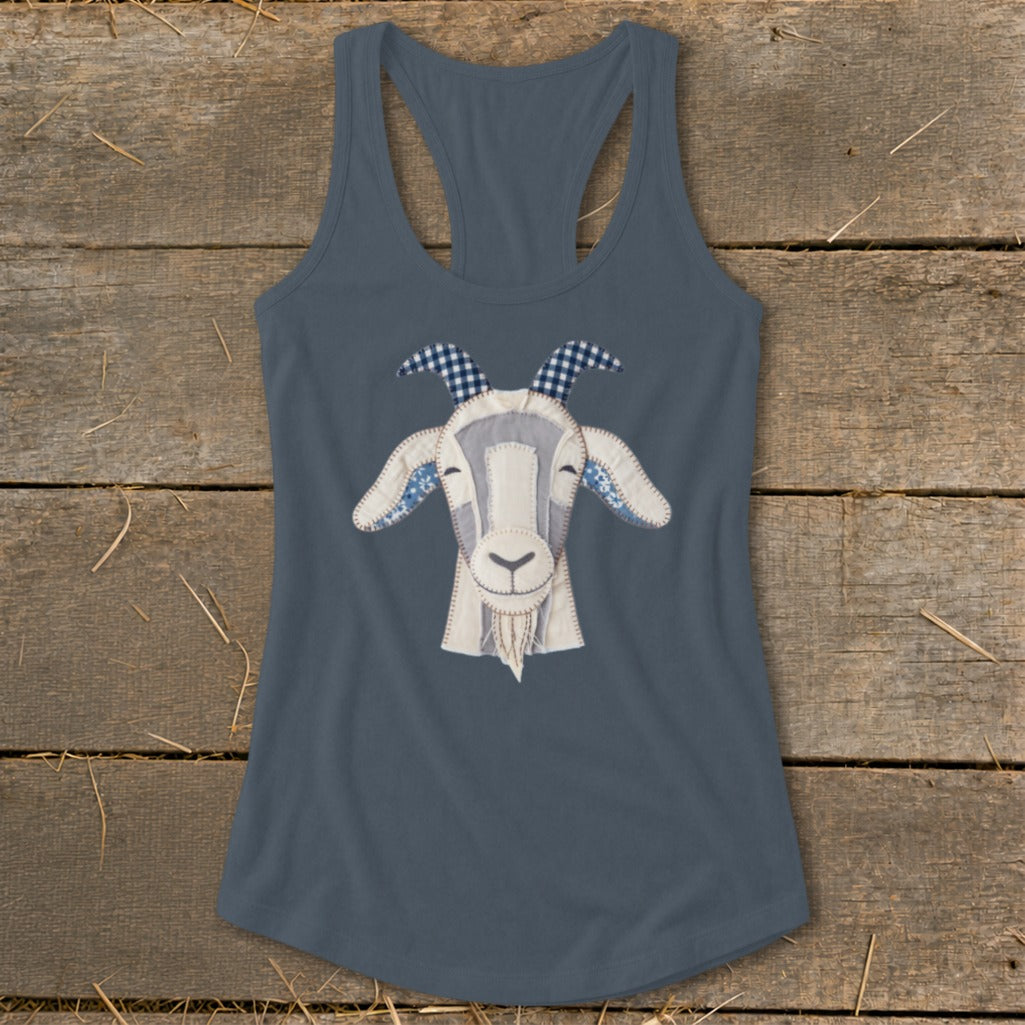 Gray tank top with a patched goat face graphic featuring blue and white checkered horns.