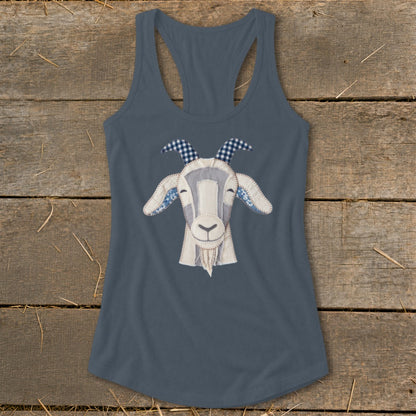 Gray tank top with a patched goat face graphic featuring blue and white checkered horns.