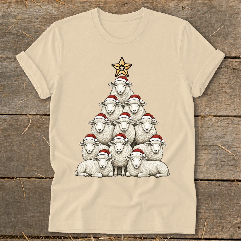 Sheep Christmas tree with Santa hats and a star topper on a tan t-shirt.