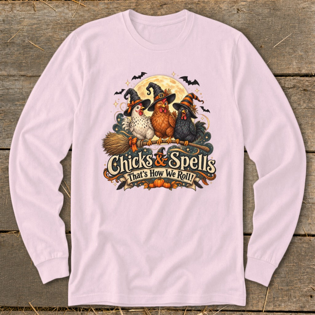 Three witch-hatted chickens ride a broomstick with "Chicks & Spells That's How We Roll!" text.
